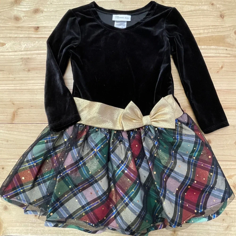 Bonnie Jean Girls Black Velvet Plaid Tulle‎ Holiday Dress Size 4T